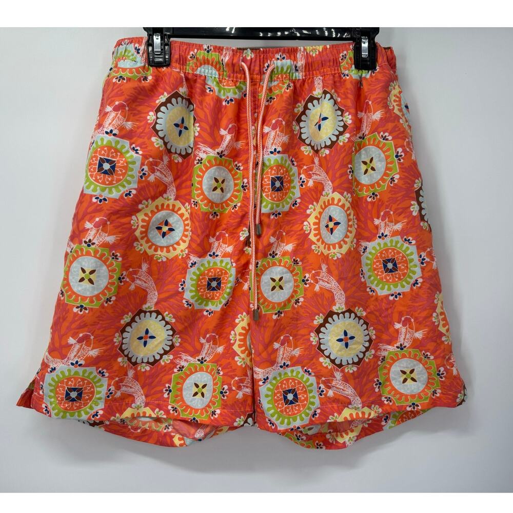 Peter Millar Swim Trunks Mens L Orange Koi‎ Print Lined 8" Pull-On Shorts Beach